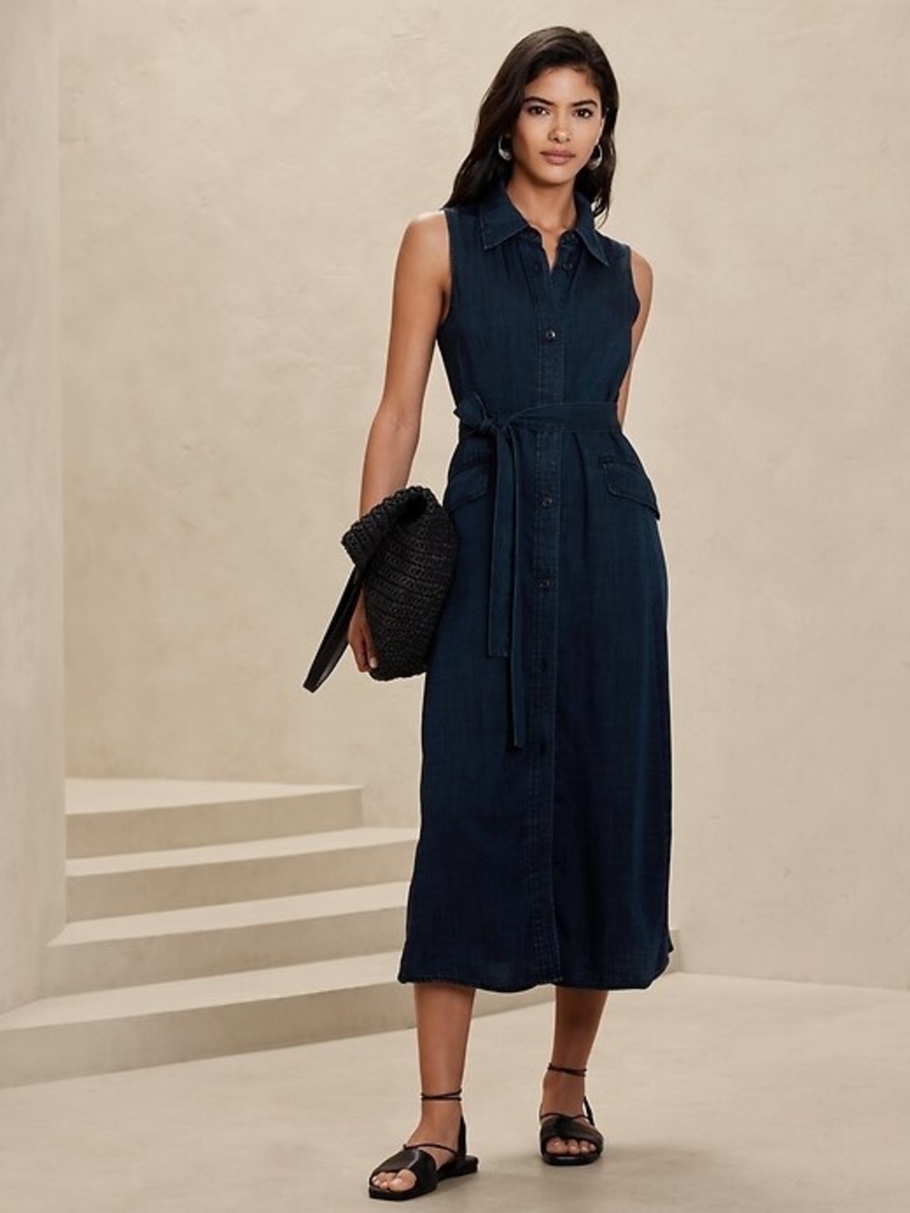 Banana Republic Navy Sleeveless Midi Shirt Dress with Waist Tie